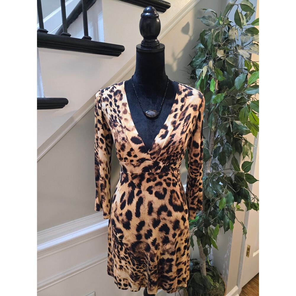 Debbie Katz Leopard Print Dress Women's Medium Brown Black V-Neck Long Sleeves